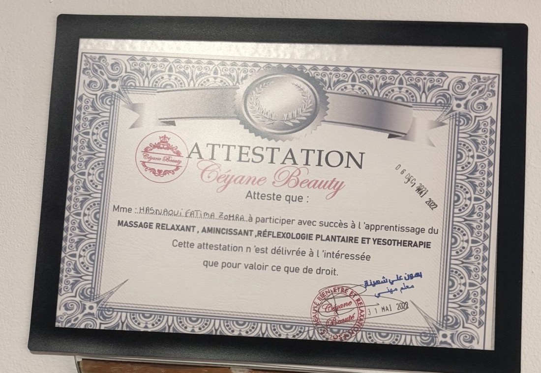 Certificado de formação profissional de Fatima Zohra