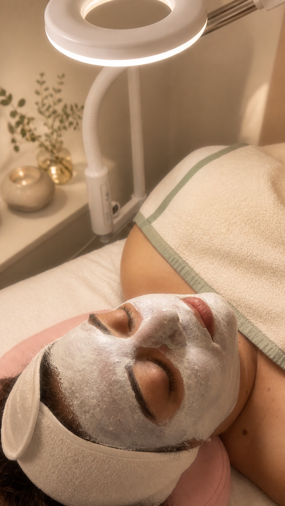 Cliente durante uma limpeza de pele com máscara facial na FazoZilo Beauty em Rio Tinto