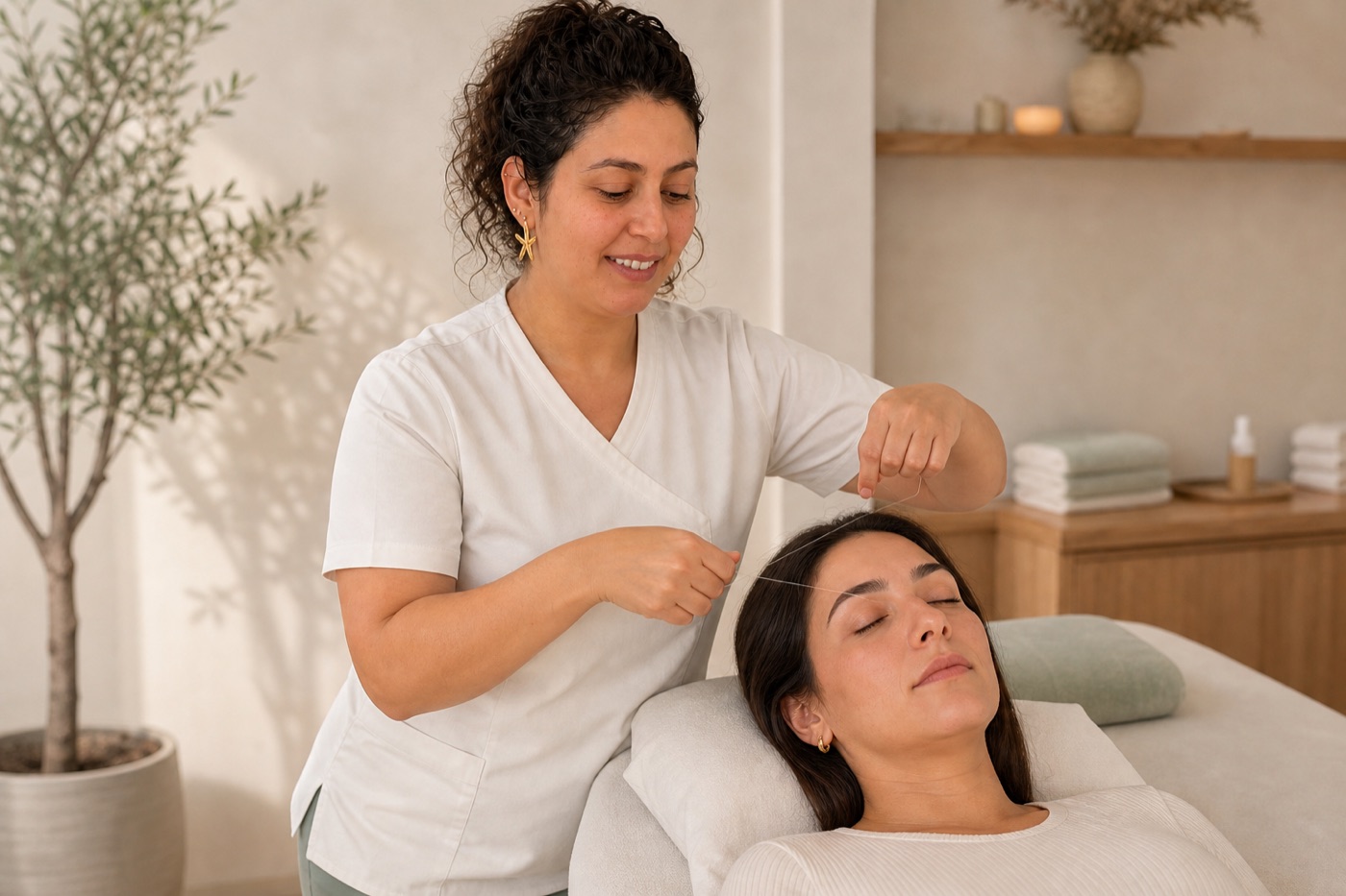 Fatima Zohra a realizar depilação facial com linha nas sobrancelhas de uma cliente
